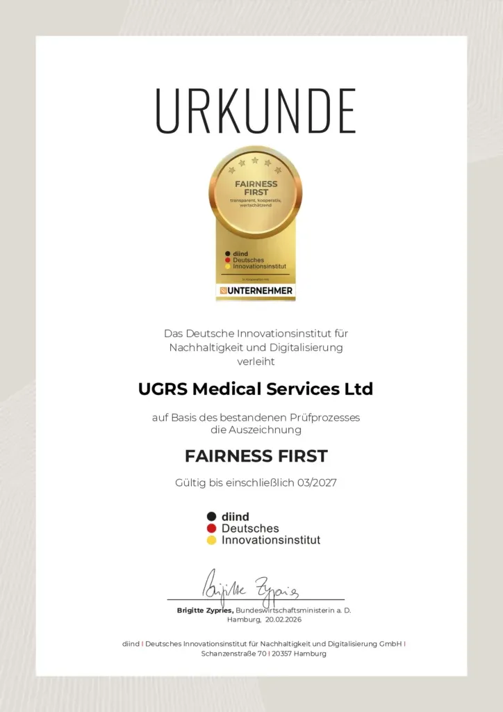 Urkunde: Fairness First für UGRS Medical Services Ltd, verliehen vom Deutschen Innovationsinstitut, gültig bis 03/2027